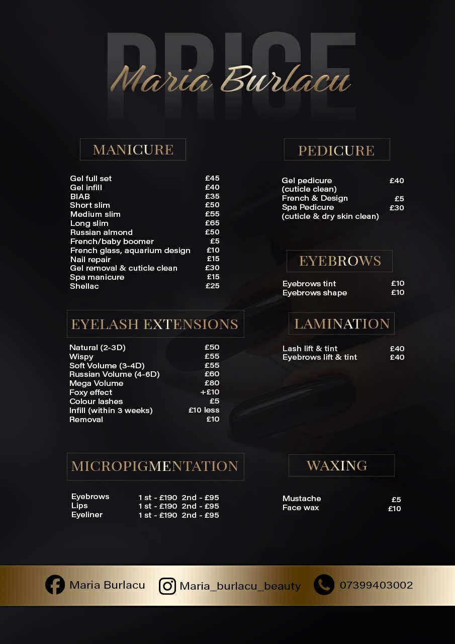 Maria Burlacu Beauty price list